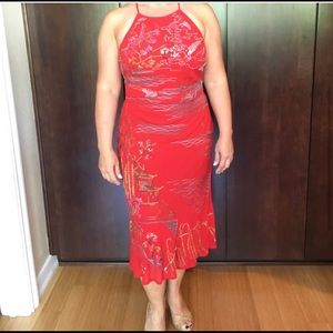 SUE WONG RED EMBROIDERED DRESS